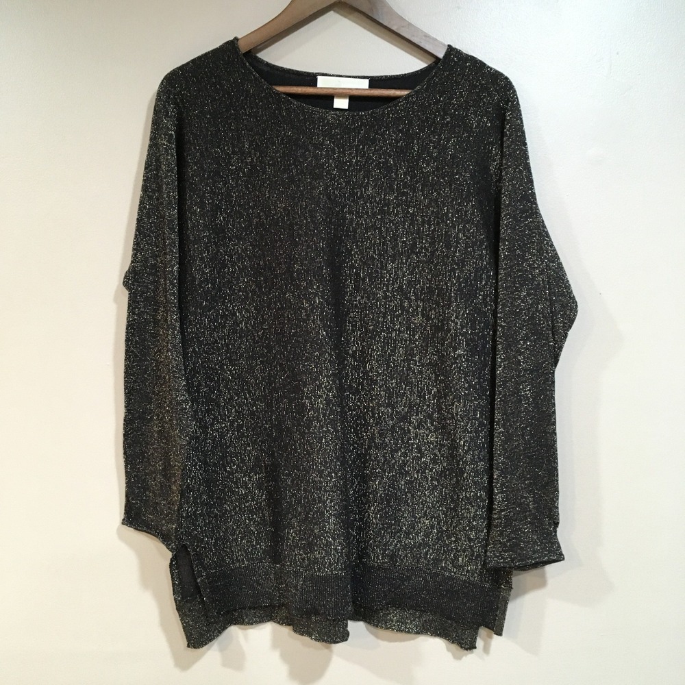 Michael Kors Metallic Tunic Sweater Top Womens L Gold Black Glam Party Holiday